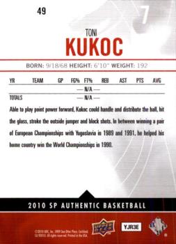 2010-11 SP Authentic #49 Toni Kukoc Back