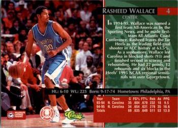 1995 Classic Rookies #4 Rasheed Wallace Back