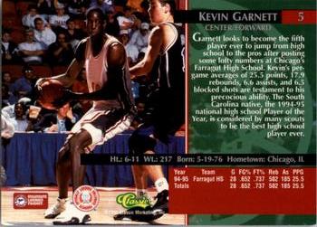 1995 Classic Rookies #5 Kevin Garnett Back