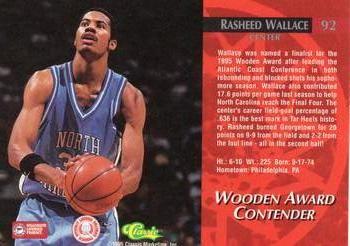 1995 Classic Rookies - Printer's Proofs #92 Rasheed Wallace Back