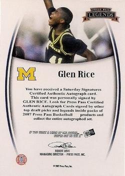 2007-08 Press Pass Legends - Saturday Signatures #NNO Glen Rice Back