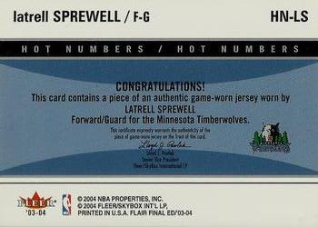 2003-04 Flair Final Edition - Hot Numbers Jerseys Green #HN-LS Latrell Sprewell Back