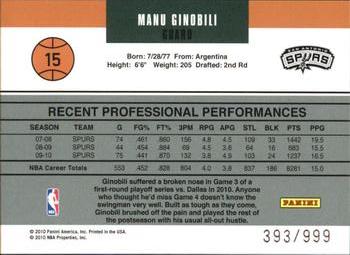 2010-11 Donruss - Gamers #15 Manu Ginobili Back