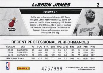 2010-11 Donruss - Production Line #2 LeBron James Back