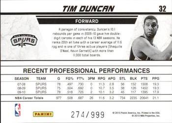 2010-11 Donruss - Production Line #32 Tim Duncan Back