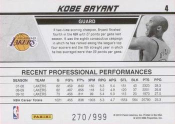 2010-11 Donruss - Production Line #4 Kobe Bryant Back