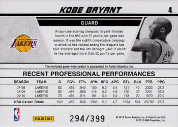 2010-11 Donruss - Production Line Materials #4 Kobe Bryant Back