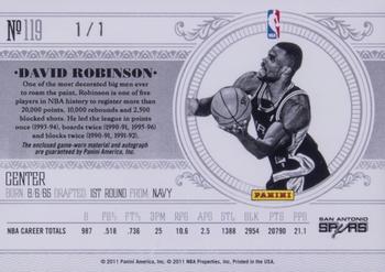 2010-11 Playoff National Treasures - Century Materials NBA Team Logos Signatures #119 David Robinson Back