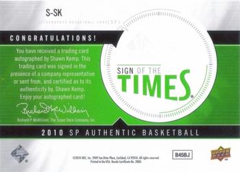 2010-11 SP Authentic - Sign of the Times #S-SK Shawn Kemp Back