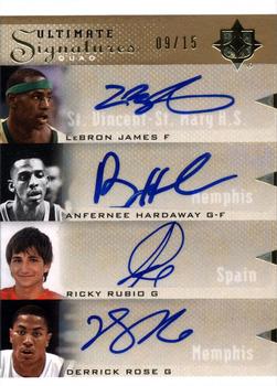 2010-11 Upper Deck Ultimate Collection - Ultimate Signatures Quad #JHRR LeBron James / Anfernee Hardaway / Ricky Rubio / Derrick Rose Front