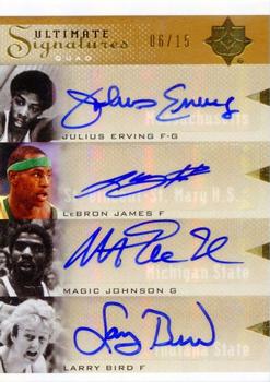 2010-11 Upper Deck Ultimate Collection - Ultimate Signatures Quad #JJJB Julius Erving / LeBron James / Magic Johnson / Larry Bird Front