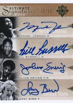 2010-11 Upper Deck Ultimate Collection - Ultimate Signatures Quad #JREB Michael Jordan / Bill Russell / Julius Erving / Larry Bird Front