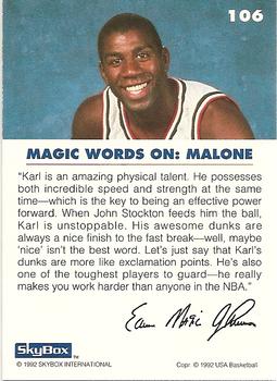 1992 SkyBox USA #106 Magic on Malone Back