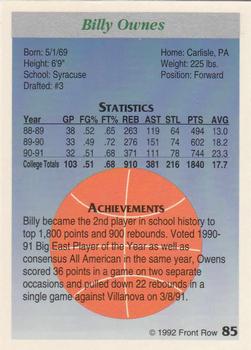1991-92 Front Row Premier #85 Billy Owens Back