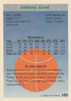 1991-92 Front Row Premier #105 Anthony Avent Back
