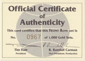 1991 Front Row - Gold #NNO Certificate of Authenticity / Checklist Front
