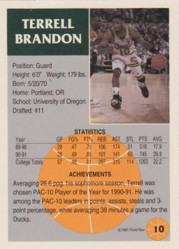 1991 Front Row - Gold #10 Terrell Brandon Back