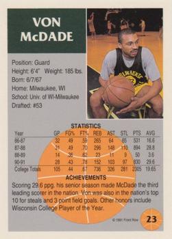 1991 Front Row - Silver #23 Von McDade Back