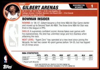 2007-08 Bowman #1 Gilbert Arenas Back