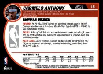 2007-08 Bowman #15 Carmelo Anthony Back