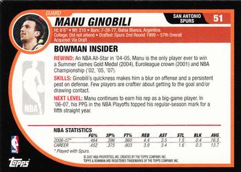 2007-08 Bowman #51 Manu Ginobili Back