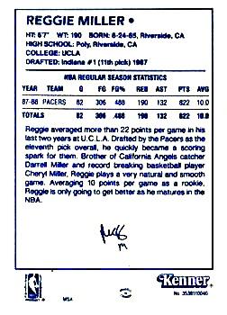 1988 Kenner Starting Lineup Cards #3538110040 Reggie Miller Back