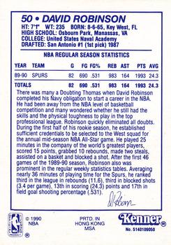 1990 Kenner Starting Lineup Cards #5140109050 David Robinson Back