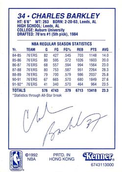 1992 Kenner Starting Lineup Cards #6743113000 Charles Barkley Back