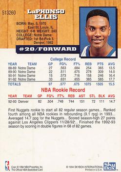1994 Kenner/Hoops Starting Lineup Cards #513260 LaPhonso Ellis Back
