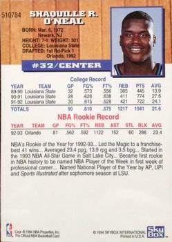 1994 Kenner/Hoops Starting Lineup Cards #510784 Shaquille O'Neal Back