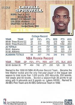 1994 Kenner/Hoops Starting Lineup Cards #513254 Latrell Sprewell Back
