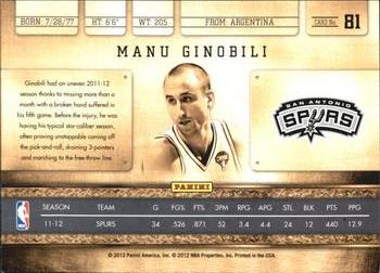 2011-12 Panini Gold Standard #81 Manu Ginobili Back