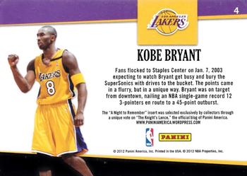 2011-12 Hoops - A Night to Remember #4 Kobe Bryant Back