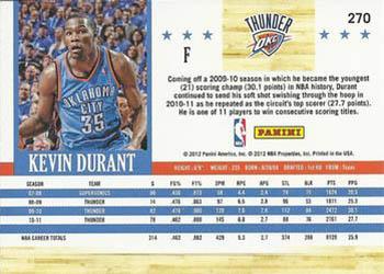 2011-12 Hoops - Glossy #270 Kevin Durant Back