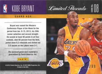 2011-12 Panini Limited - Limited Threads #8 Kobe Bryant Back
