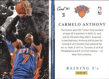 2011-12 Panini Past & Present - Raining 3's #3 Carmelo Anthony Back
