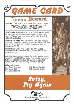 1994 Classic Draft - Game Cards #GC3 Juwan Howard Back