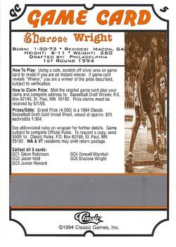 1994 Classic Draft - Game Cards #GC5 Sharone Wright Back