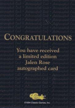 1994 Classic Draft - National Party Autographs #NNO Jalen Rose Back