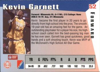 1995 Collect-A-Card #52 Kevin Garnett Back