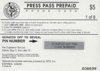 1995 Press Pass Premium Draft Picks - Phone Cards $5 #1 Kevin Garnett Back