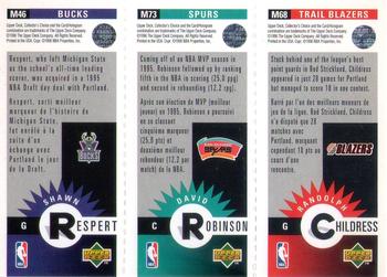 1996-97 Collector's Choice French - Mini-Cards Panels #M68 / M73 / M46 Randolph Childress / David Robinson / Shawn Respert Back