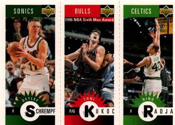 1996-97 Collector's Choice Italian - Mini-Cards Panels #M76 / M12 / M5 Detlef Schrempf / Toni Kukoc / Dino Radja Front