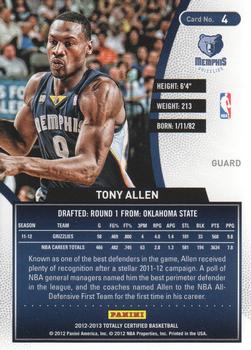 2012-13 Panini Totally Certified #4 Tony Allen Back