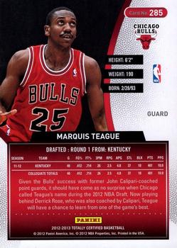 2012-13 Panini Totally Certified #285 Marquis Teague Back