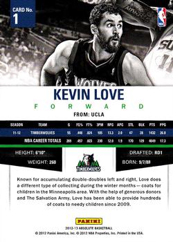 2012-13 Panini Absolute #1 Kevin Love Back