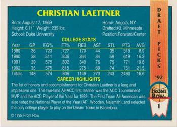 1992 Front Row Draft Picks #1 Christian Laettner Back