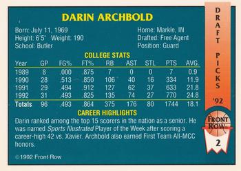 1992 Front Row Draft Picks #2 Darin Archbold Back