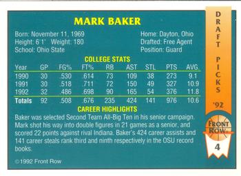 1992 Front Row Draft Picks #4 Mark Baker Back