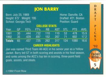 1992 Front Row Draft Picks #5 Jon Barry Back